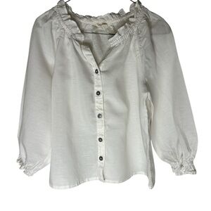 Copper Key White Romantic Blouse with Ruffled Neckline Linen Blend